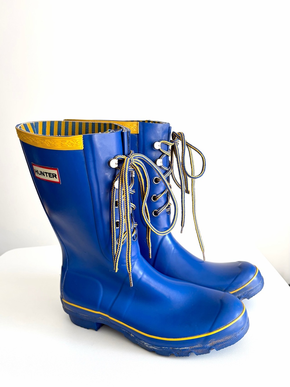 Hunter - Rare Festival Lace-Up Rain Boots - Blue Yellow - Size 9